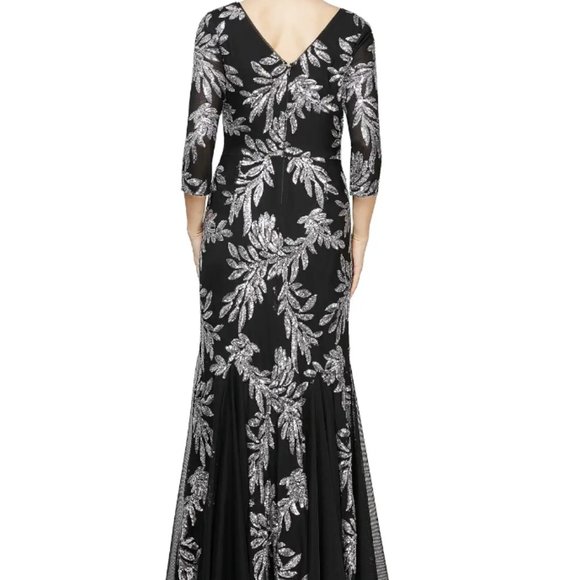 Alex Evenings Black and Silver Gown with Cuffed Sleeves - Picture 3 of 6